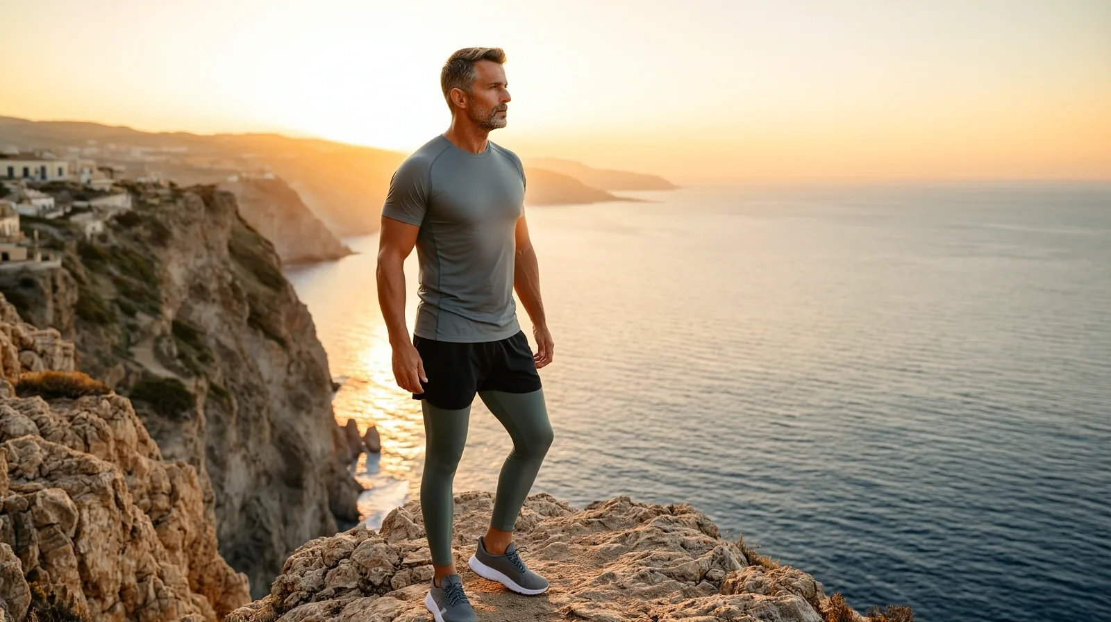 Hombre con vitalidad en un entorno natural al amanecer